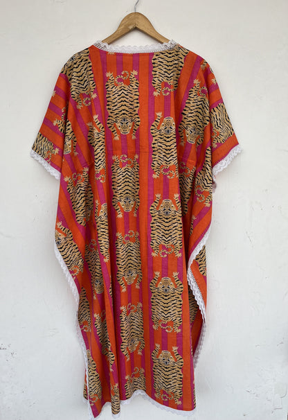 Tiger Print Cotton Kaftan Dress | Boho Beach Cover Up | Resort Wear