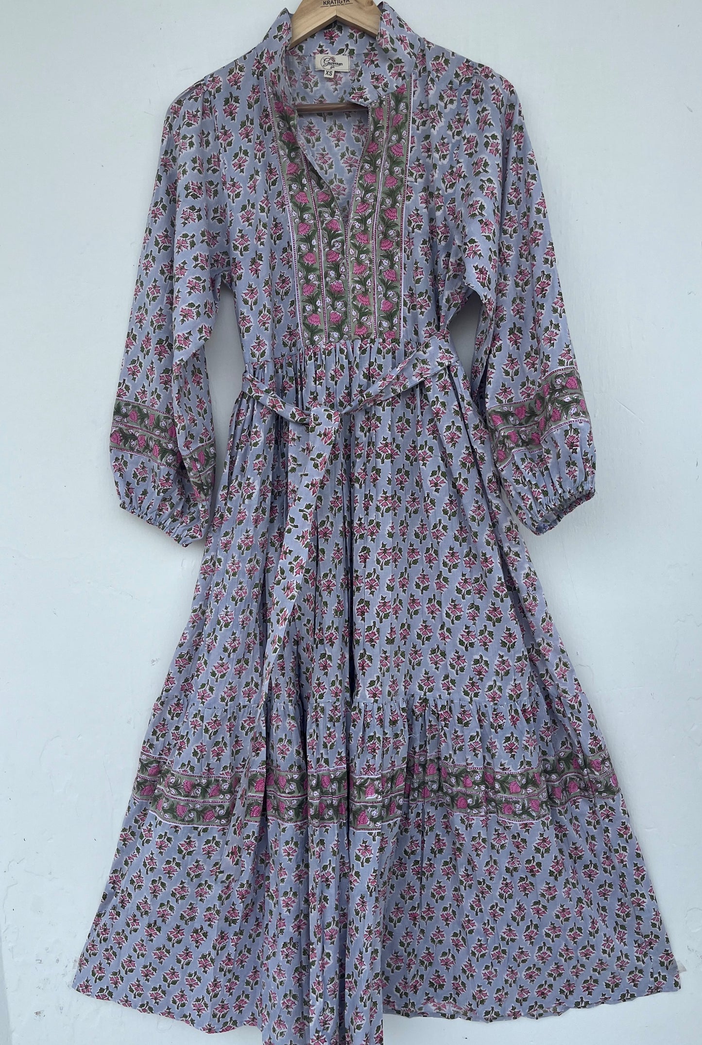 V-Neck Long Sleeve Tiered Boho Casual Floral Dress with Waist Tie