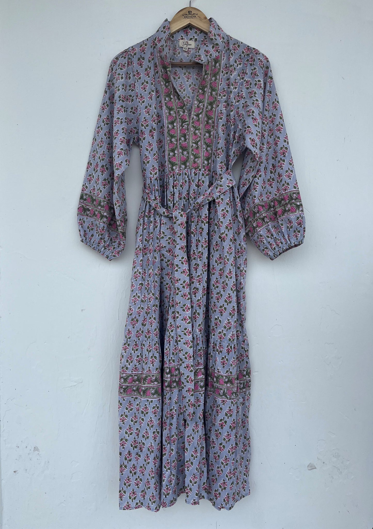 V-Neck Long Sleeve Tiered Boho Casual Floral Dress with Waist Tie