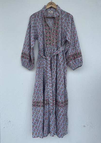 V-Neck Long Sleeve Tiered Boho Casual Floral Dress with Waist Tie