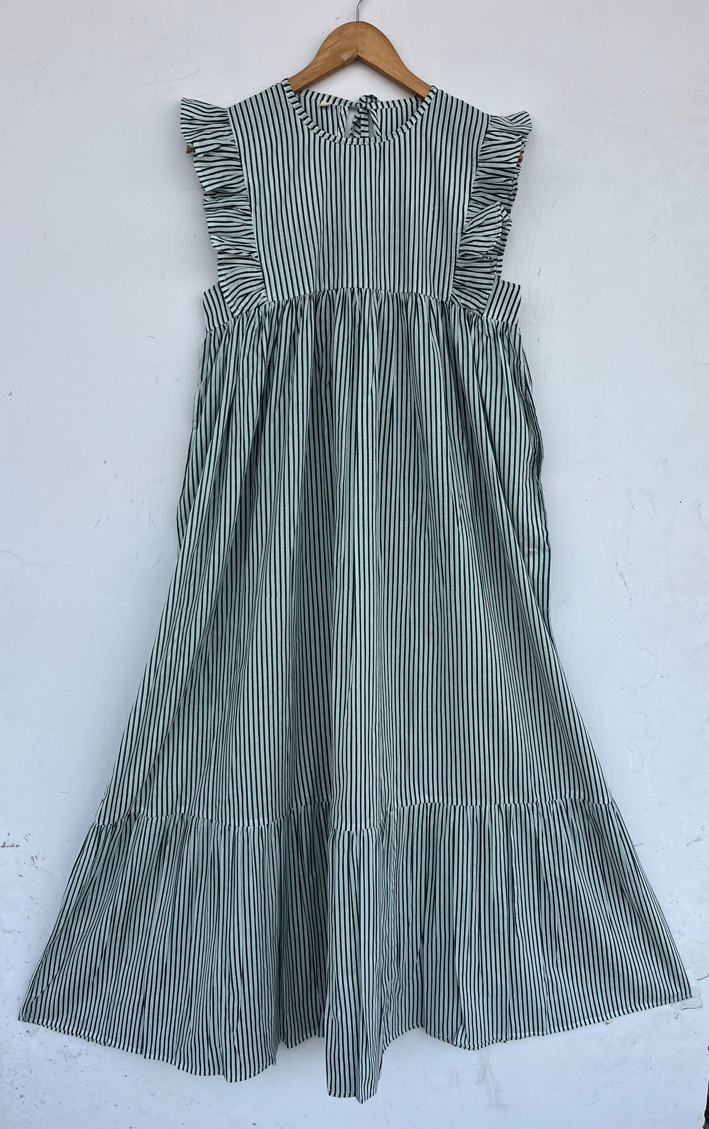 Green Striped Cotton Maxi Dress for Women | Loose Boho Casual Vacation Dress