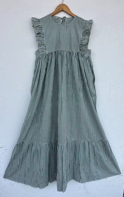 Green Striped Cotton Maxi Dress for Women | Loose Boho Casual Vacation Dress