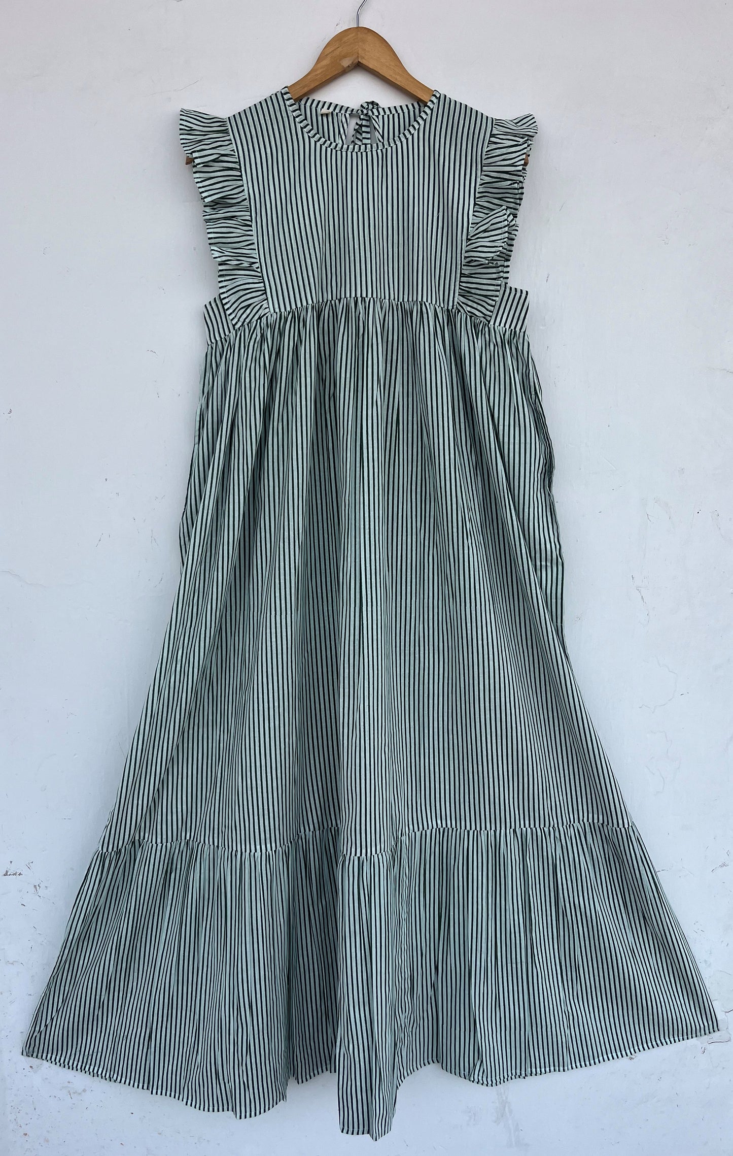 Green Striped Cotton Maxi Dress for Women | Loose Boho Casual Vacation Dress