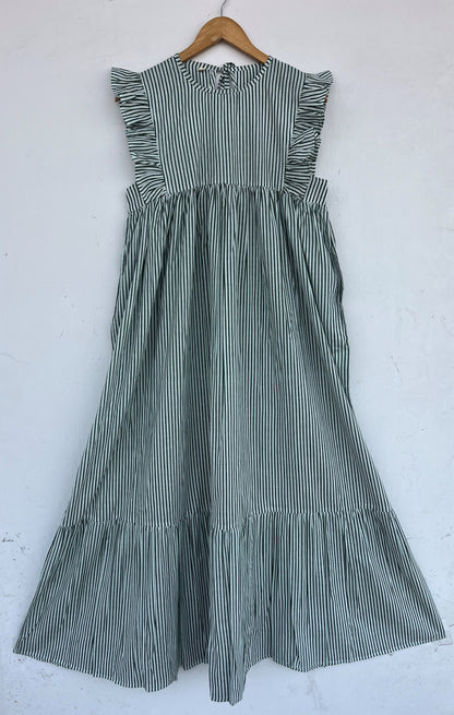 Green Striped Cotton Maxi Dress for Women | Loose Boho Casual Vacation Dress
