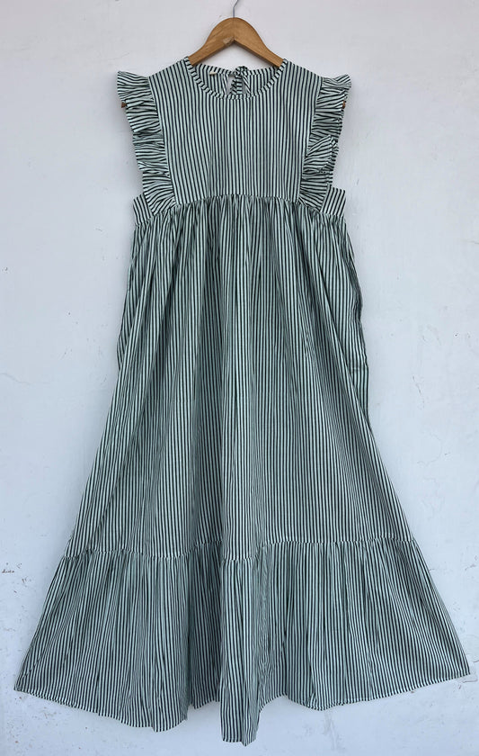 Green Striped Cotton Maxi Dress for Women | Loose Boho Casual Vacation Dress