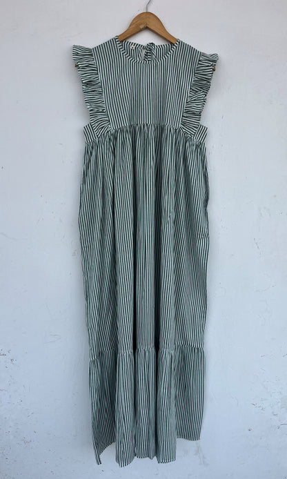 Green Striped Cotton Maxi Dress for Women | Loose Boho Casual Vacation Dress