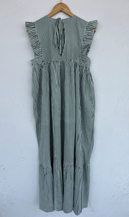 Green Striped Cotton Maxi Dress for Women | Loose Boho Casual Vacation Dress