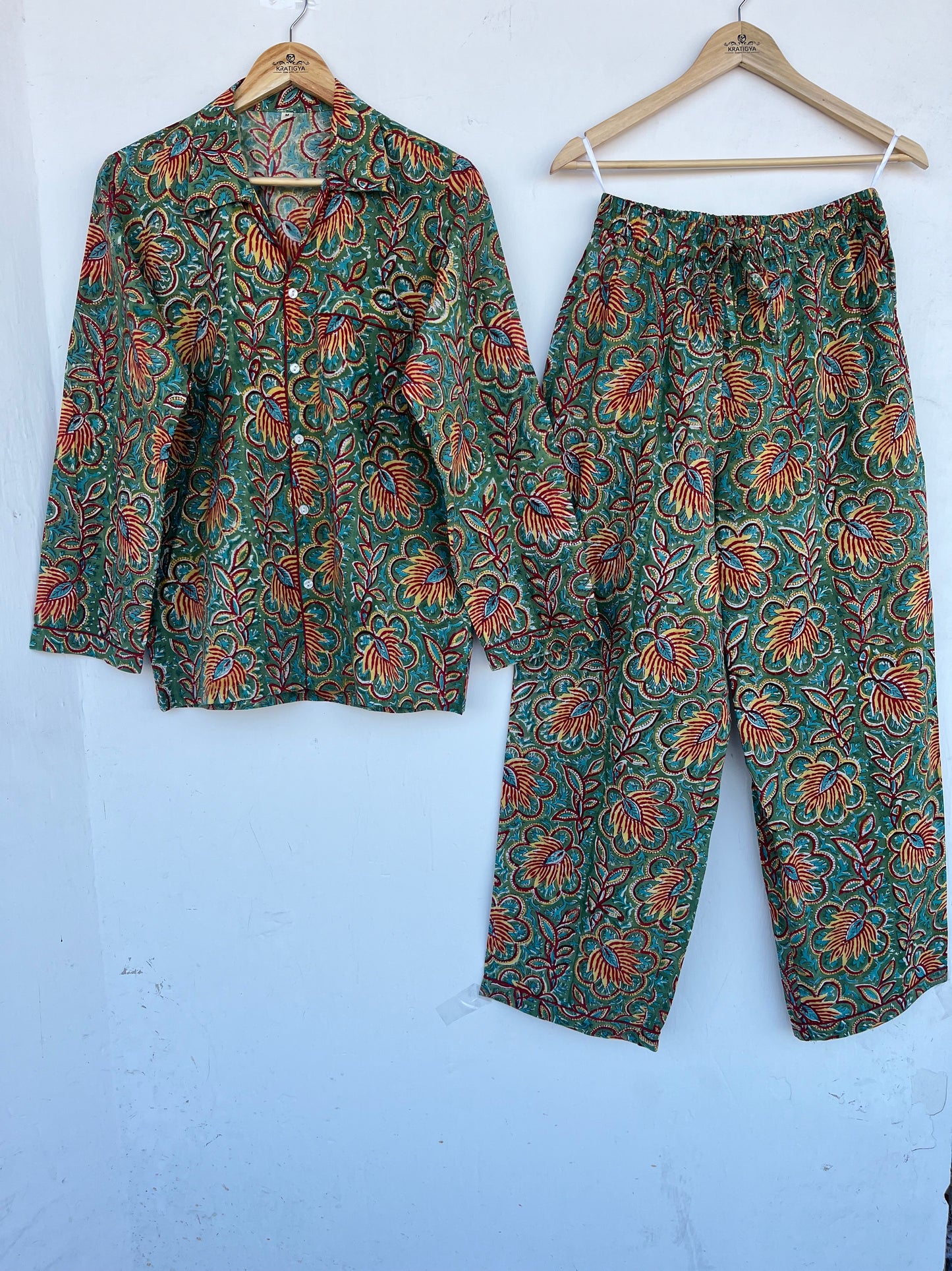 Green Floral Cotton Nightwear | Lightweight Sleepwear Set | Pajama Sets Women