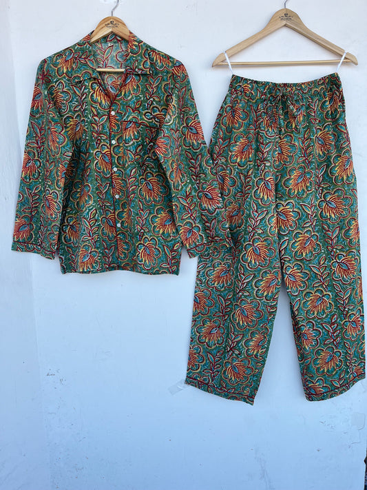 Green Floral Cotton Nightwear | Lightweight Sleepwear Set | Pajama Sets Women