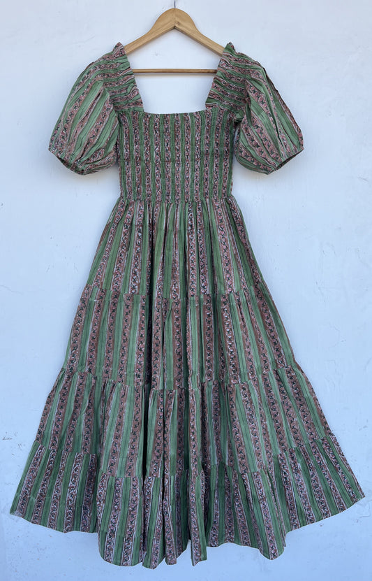 Green Smocked Square Neck Boho Dress | Romantic Summer Dress | Long Maxi