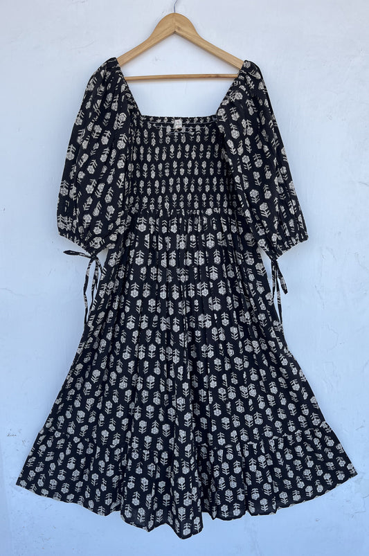 Shirred Bodice Cotton Long Maxi | Partywear Black Dress | Women Summer Wear