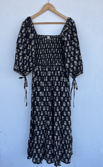 Shirred Bodice Cotton Long Maxi | Partywear Black Dress | Women Summer Wear