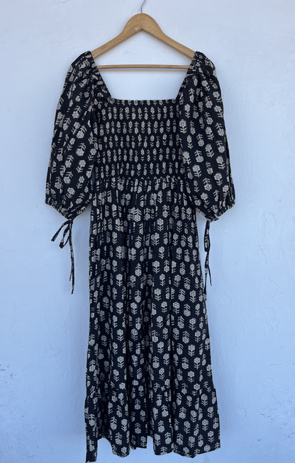 Shirred Bodice Cotton Long Maxi | Partywear Black Dress | Women Summer Wear
