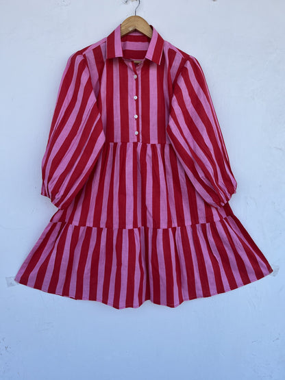 Red Pink Striped Cotton Midi Dress | Short Summer Wear Women | Ladies Beachwear