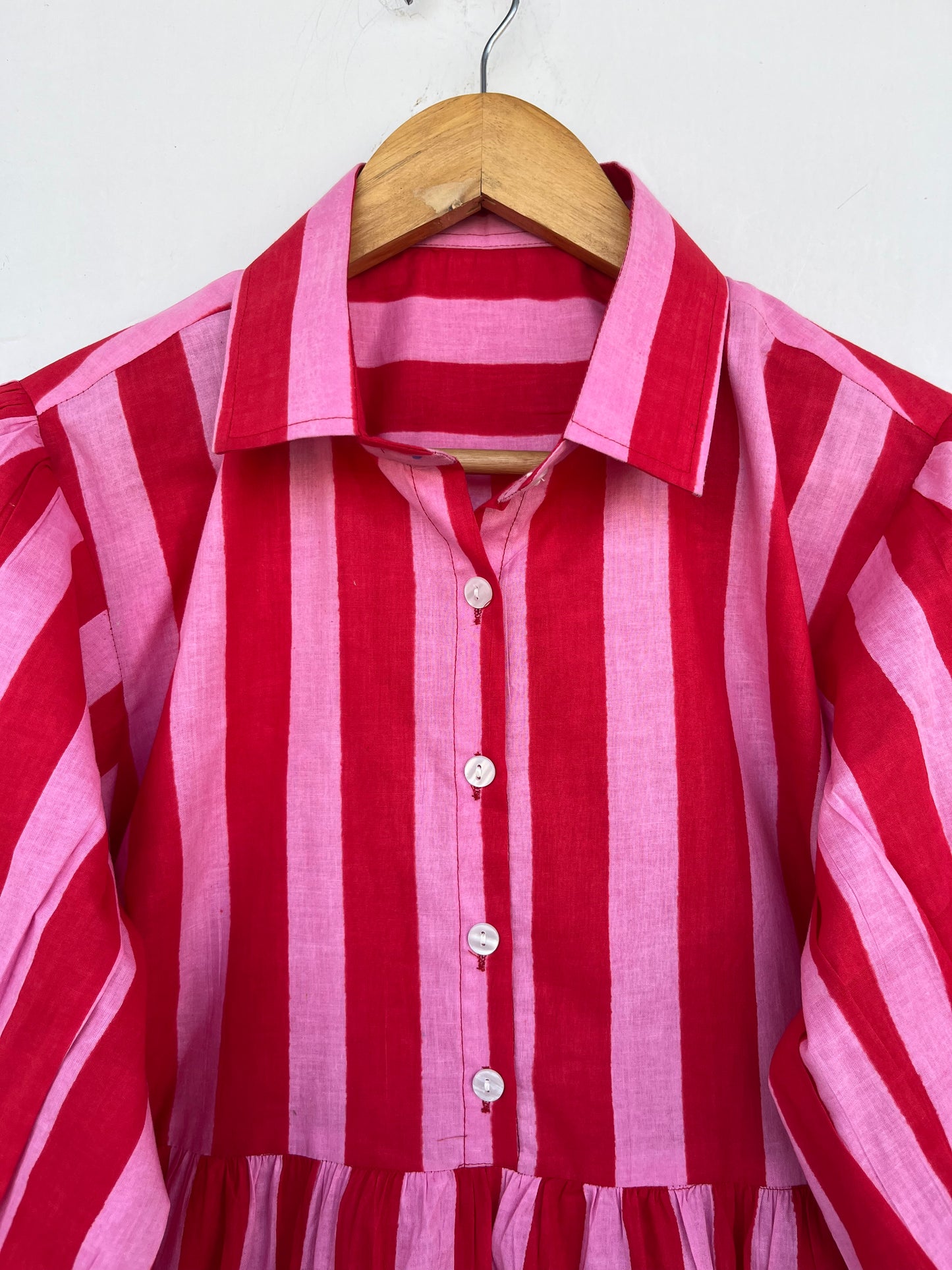 Red Pink Striped Cotton Midi Dress | Short Summer Wear Women | Ladies Beachwear
