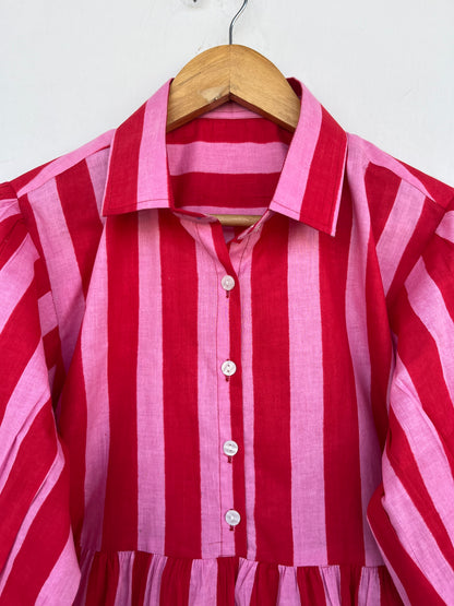 Red Pink Striped Cotton Midi Dress | Short Summer Wear Women | Ladies Beachwear