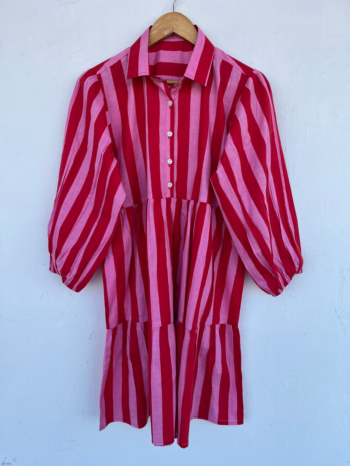 Red Pink Striped Cotton Midi Dress | Short Summer Wear Women | Ladies Beachwear