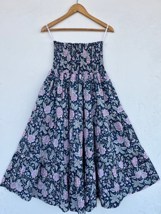 Blue Floral Long Skirt | Breathable Cotton A Line Skirt | Garden Party Dress