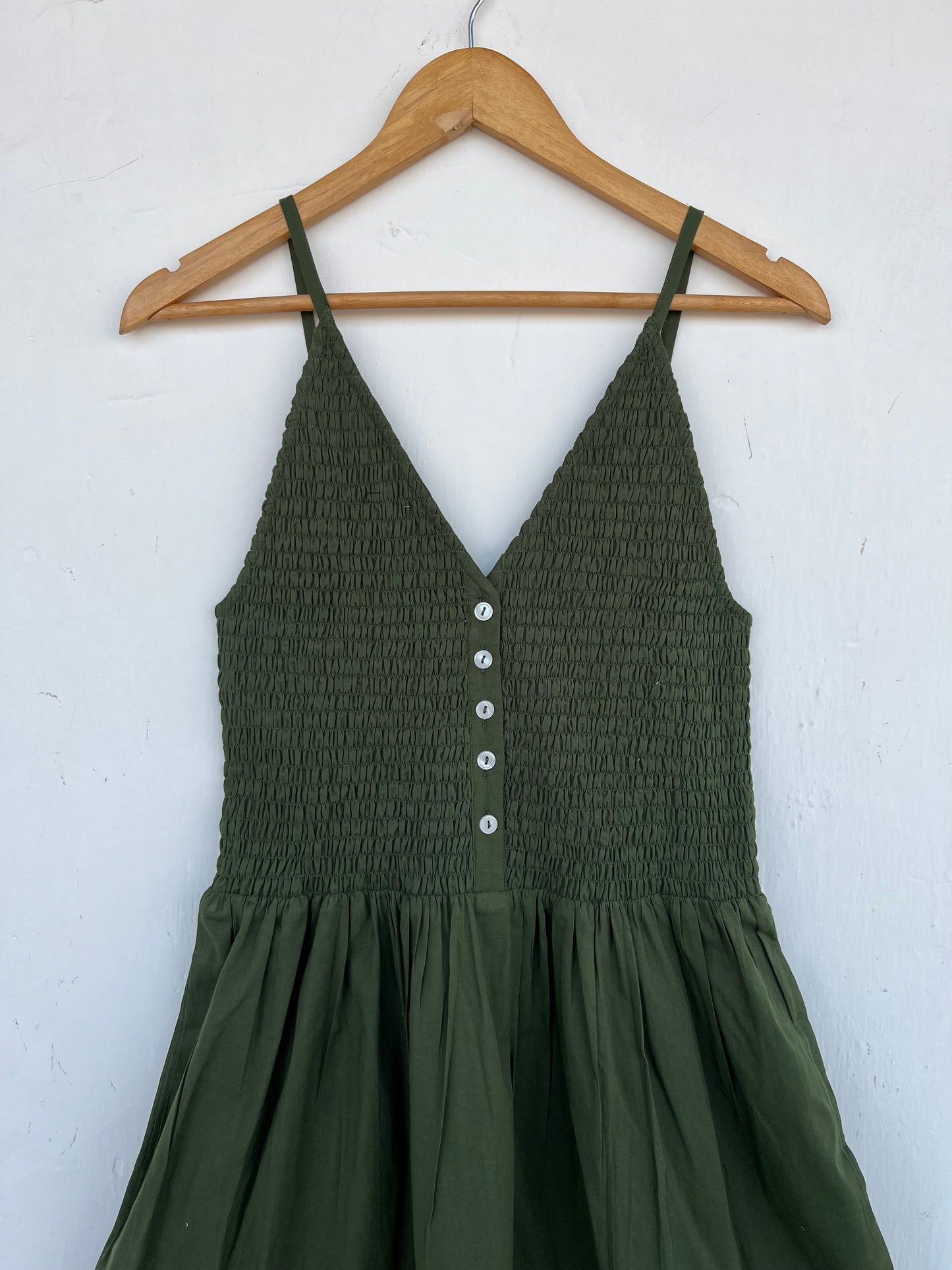 Olive Green Smocked Summer Vacation Outfit for Women | Sleeveless Boho Maxi Dress