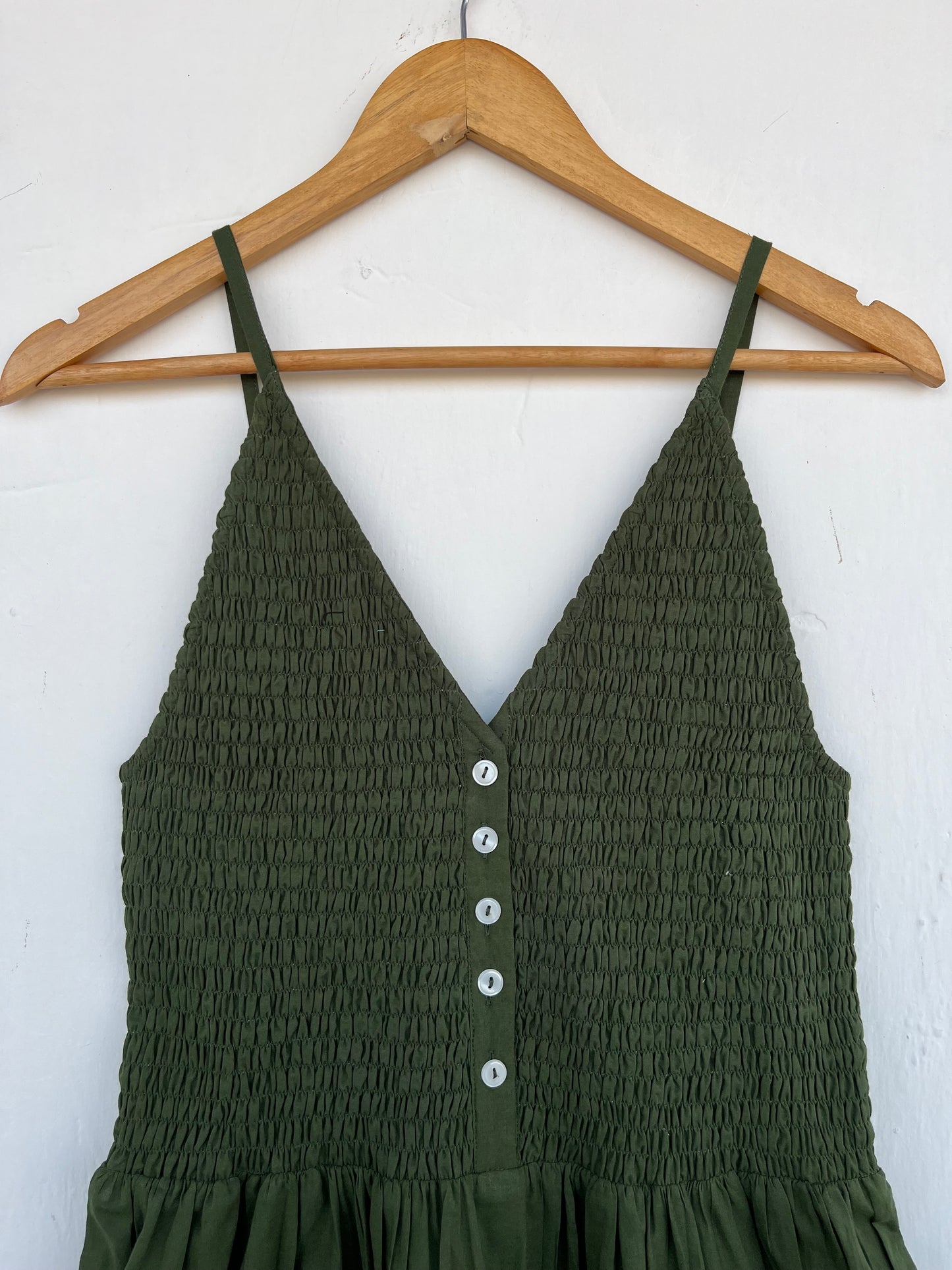 Olive Green Smocked Summer Vacation Outfit for Women | Sleeveless Boho Maxi Dress
