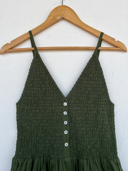Olive Green Smocked Summer Vacation Outfit for Women | Sleeveless Boho Maxi Dress
