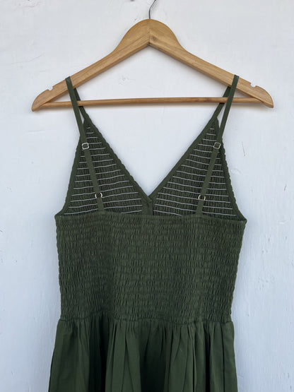 Olive Green Smocked Summer Vacation Outfit for Women | Sleeveless Boho Maxi Dress