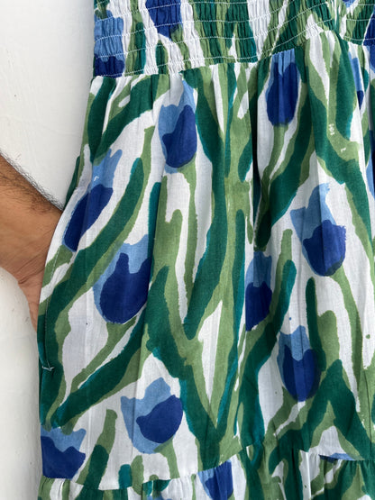 Green Blue Floral Cotton Sundress | Romantic Date Outfit | Gift for Her