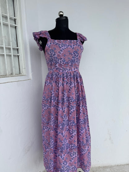 Lavender Floral Cotton Maxi Dress for Women | Flutter Sleeve Summer Dress