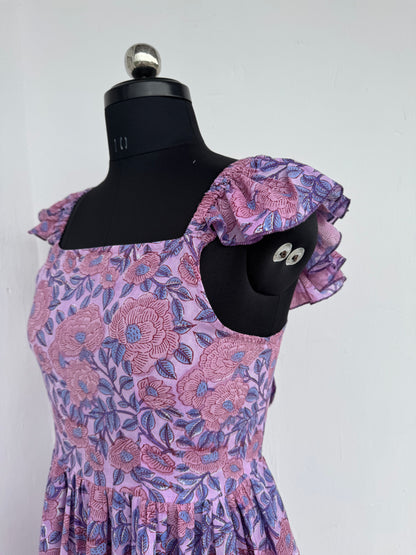 Lavender Floral Cotton Maxi Dress for Women | Flutter Sleeve Summer Dress
