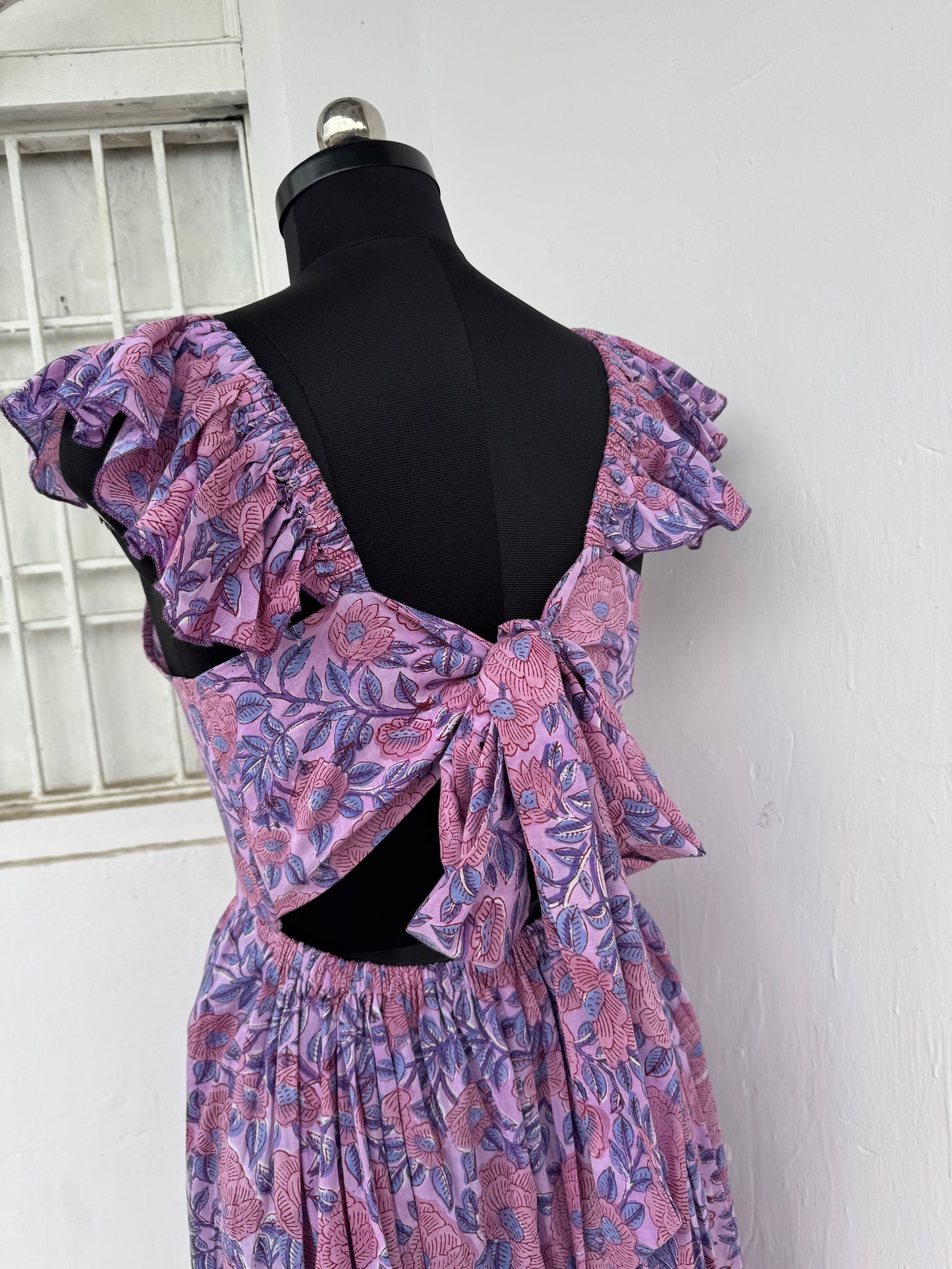 Lavender Floral Cotton Maxi Dress for Women | Flutter Sleeve Summer Dress