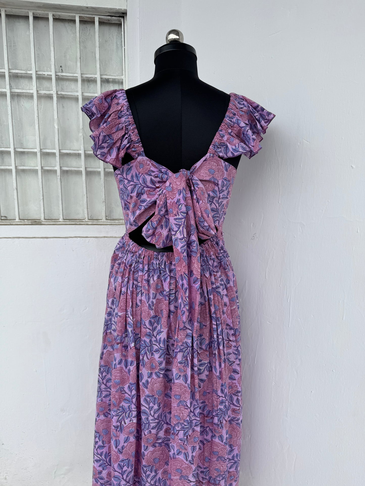 Lavender Floral Cotton Maxi Dress for Women | Flutter Sleeve Summer Dress