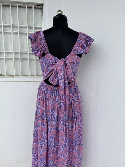 Lavender Floral Cotton Maxi Dress for Women | Flutter Sleeve Summer Dress