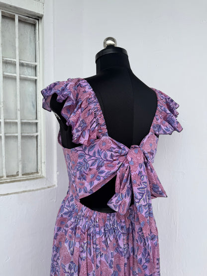 Lavender Floral Cotton Maxi Dress for Women | Flutter Sleeve Summer Dress