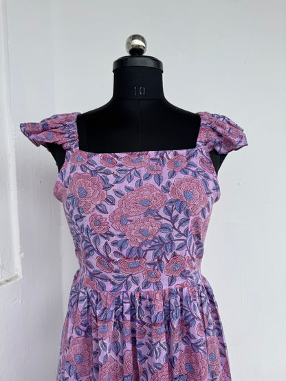 Lavender Floral Cotton Maxi Dress for Women | Flutter Sleeve Summer Dress