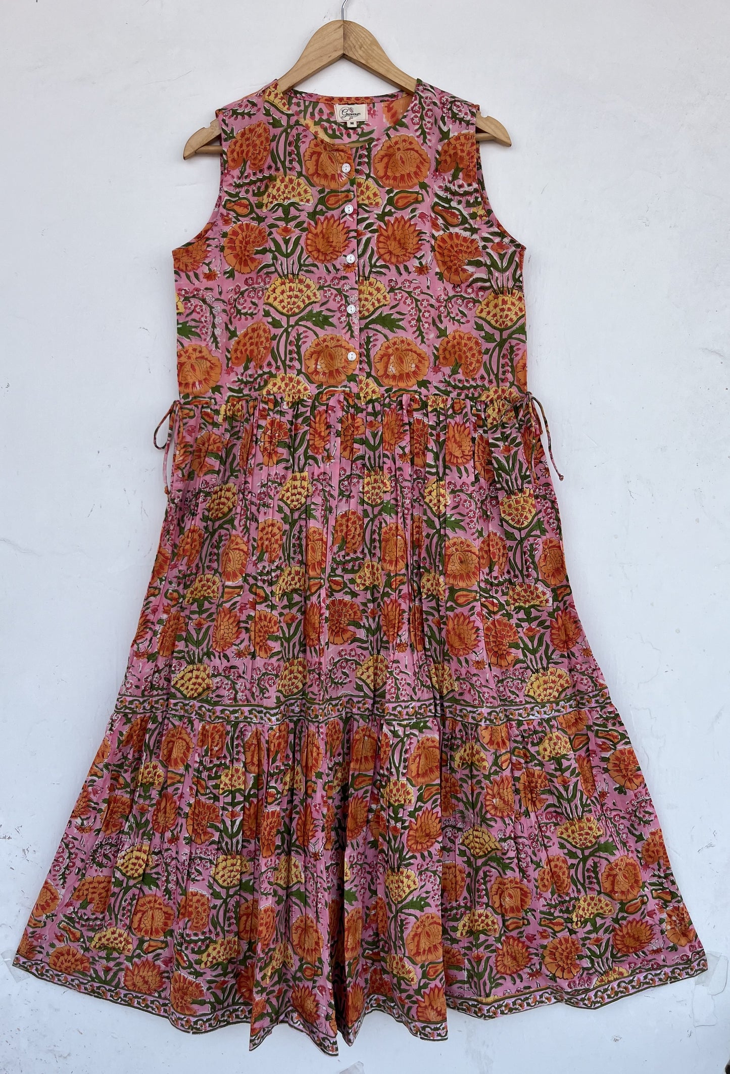 Pink Floral Sleeveless Summer Dress | Pure Cotton Vintage Outfit | Bohemian Wear