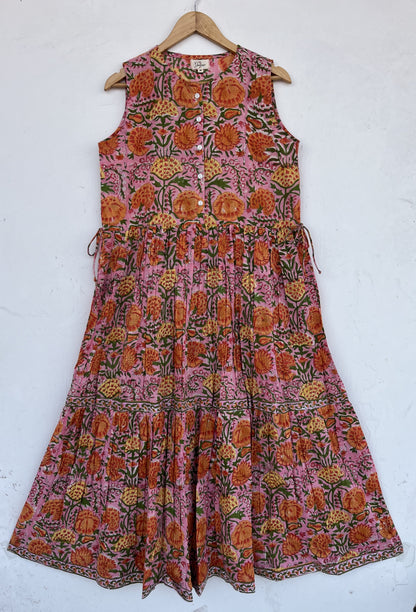 Pink Floral Sleeveless Summer Dress | Pure Cotton Vintage Outfit | Bohemian Wear