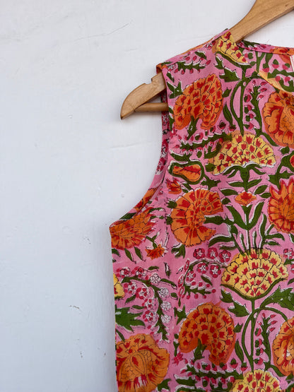 Pink Floral Sleeveless Summer Dress | Pure Cotton Vintage Outfit | Bohemian Wear