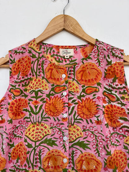 Pink Floral Sleeveless Summer Dress | Pure Cotton Vintage Outfit | Bohemian Wear
