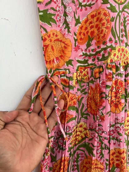 Pink Floral Sleeveless Summer Dress | Pure Cotton Vintage Outfit | Bohemian Wear