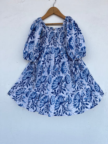 White Blue Floral Kids Dress | Baby Girl Cotton Summer Wear | Kids Bohemian Outfit