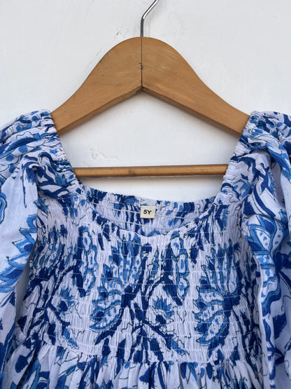 White Blue Floral Kids Dress | Baby Girl Cotton Summer Wear | Kids Bohemian Outfit