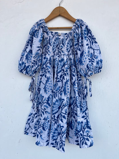 White Blue Floral Kids Dress | Baby Girl Cotton Summer Wear | Kids Bohemian Outfit