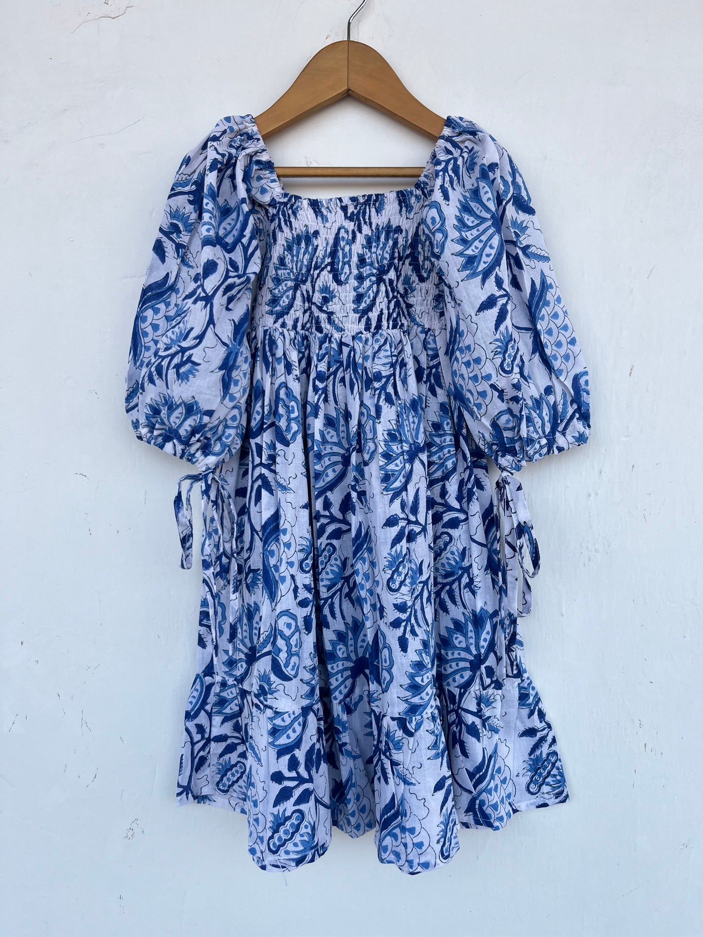 White Blue Floral Kids Dress | Baby Girl Cotton Summer Wear | Kids Bohemian Outfit