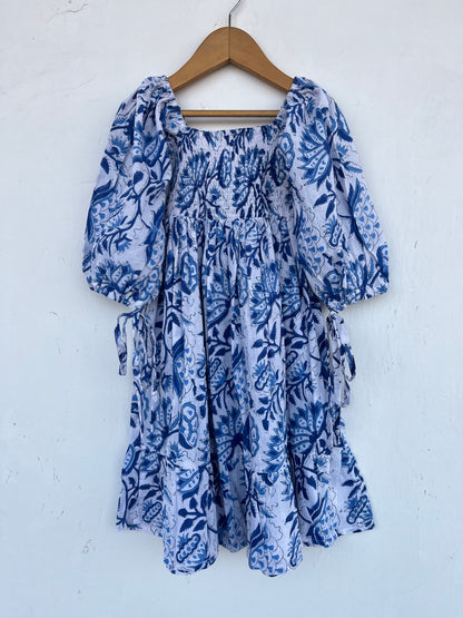 White Blue Floral Kids Dress | Baby Girl Cotton Summer Wear | Kids Bohemian Outfit