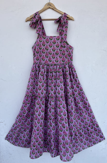 Purple Floral Cotton Strap Dress | Block Print Sleeveless Maxi | Women Resort Wear