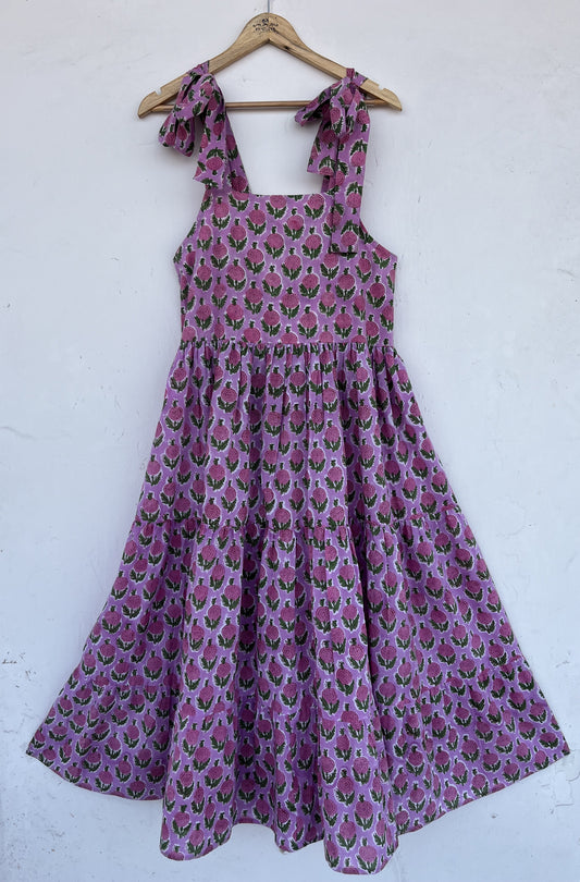 Purple Floral Cotton Strap Dress | Block Print Sleeveless Maxi | Women Resort Wear