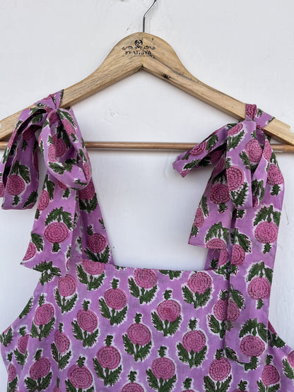 Purple Floral Cotton Strap Dress | Block Print Sleeveless Maxi | Women Resort Wear
