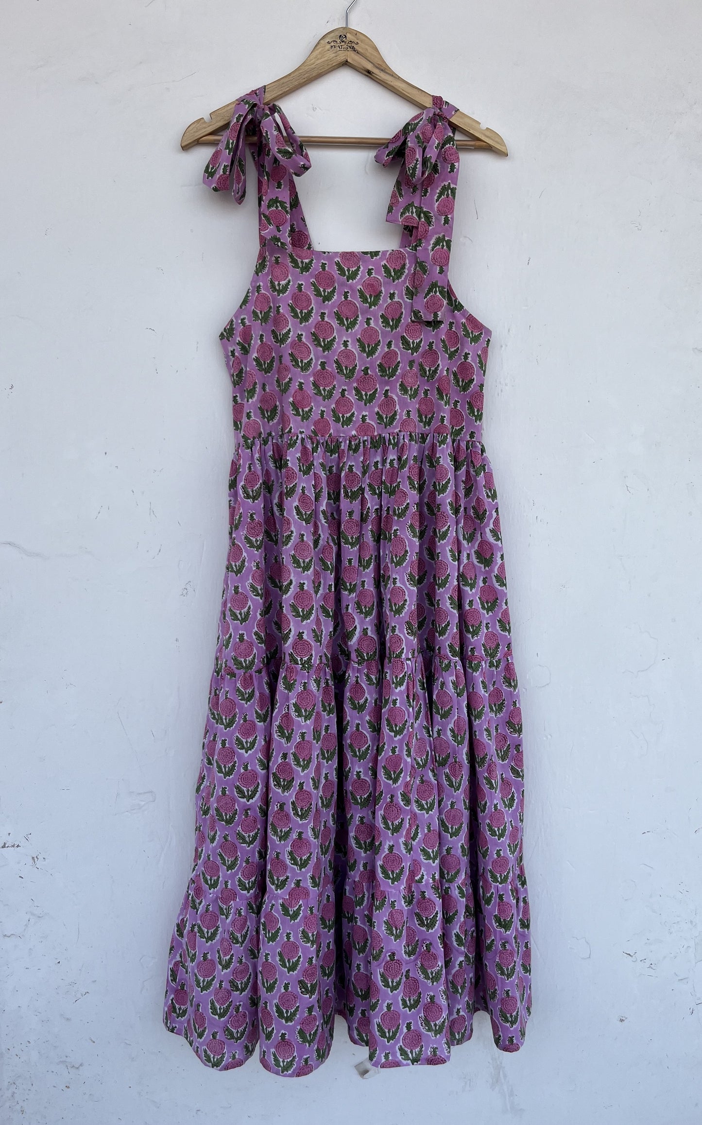 Purple Floral Cotton Strap Dress | Block Print Sleeveless Maxi | Women Resort Wear