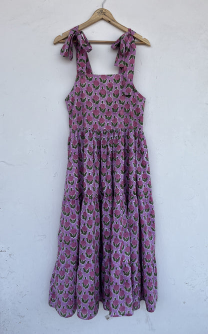 Purple Floral Cotton Strap Dress | Block Print Sleeveless Maxi | Women Resort Wear
