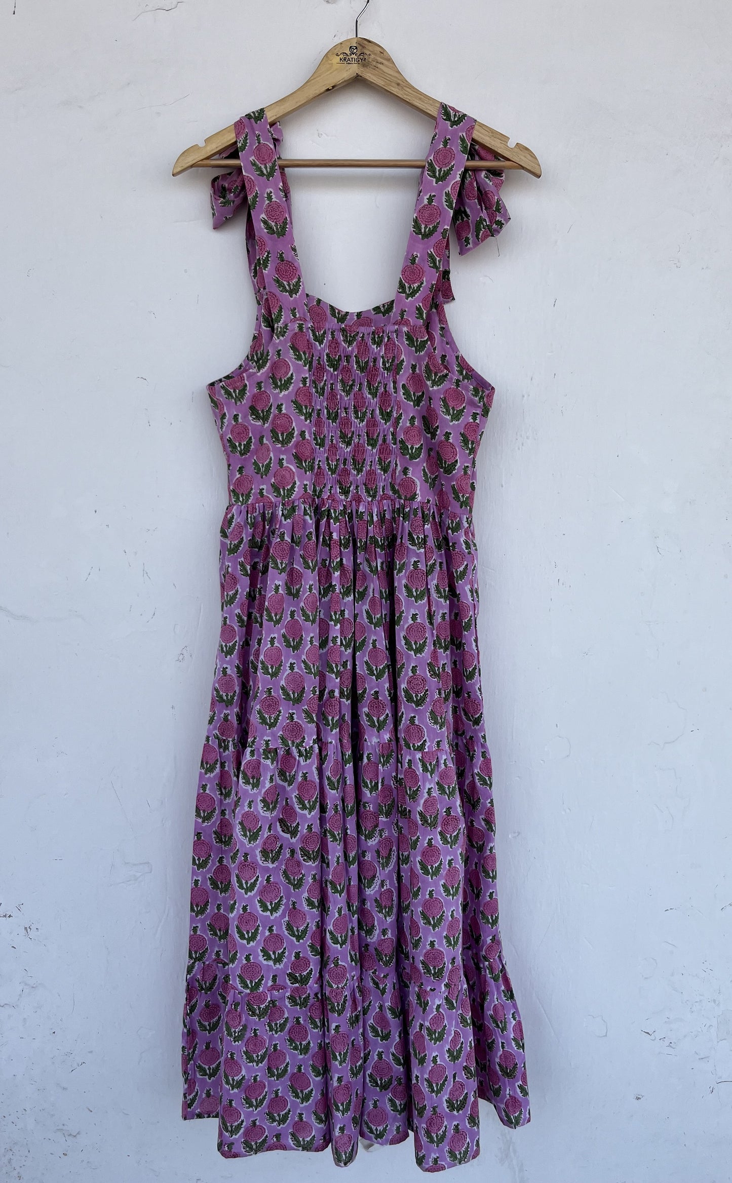Purple Floral Cotton Strap Dress | Block Print Sleeveless Maxi | Women Resort Wear